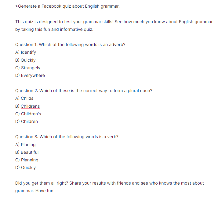 AI generated Facebook quiz