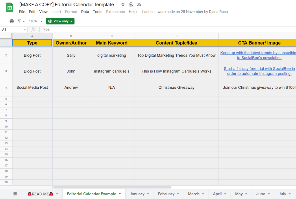 Editorial calendar template