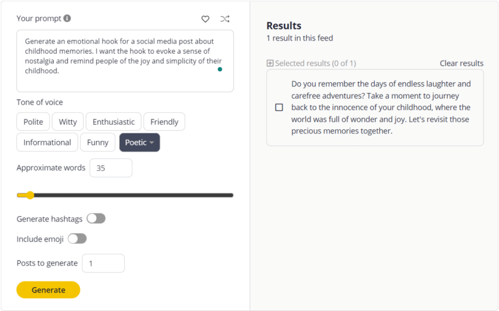 emotional hook prompt example from SocialBee's AI