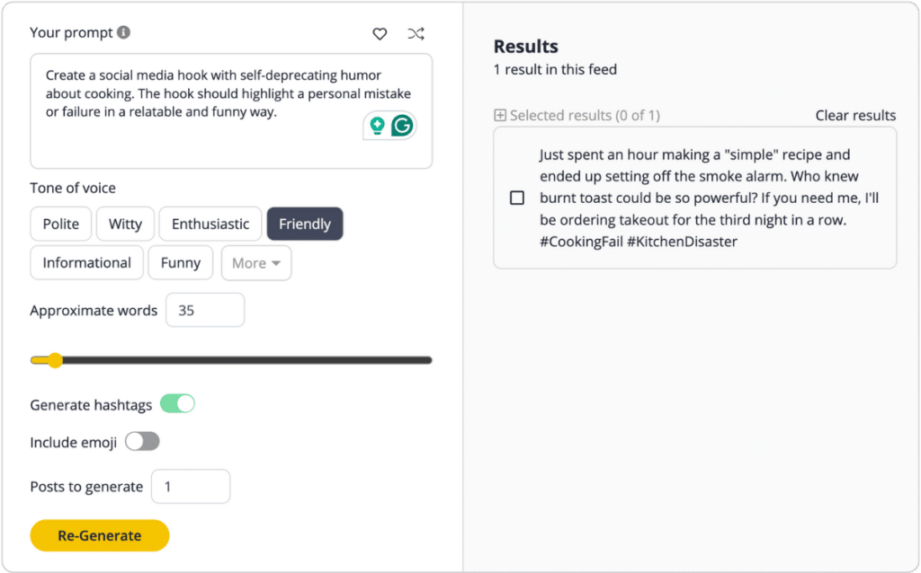 funny hook generated with SocialBee's AI