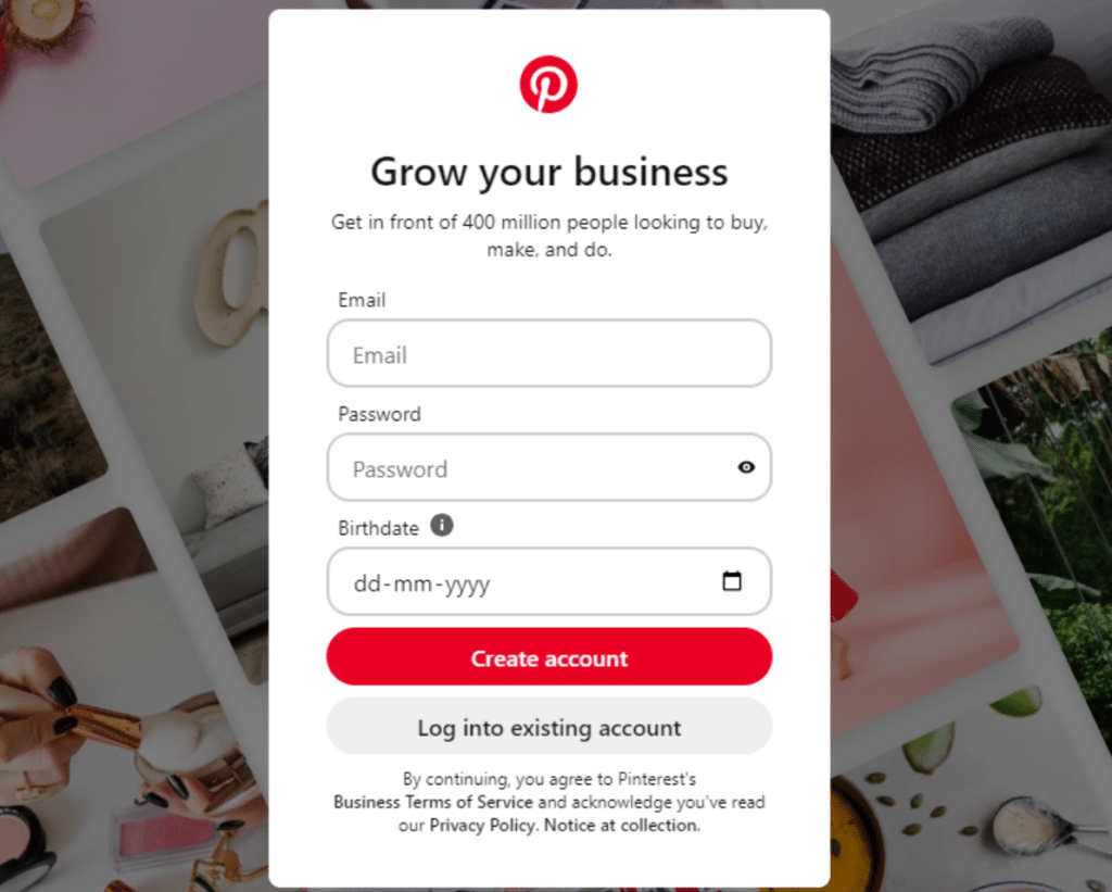 sign up menu pinterest 