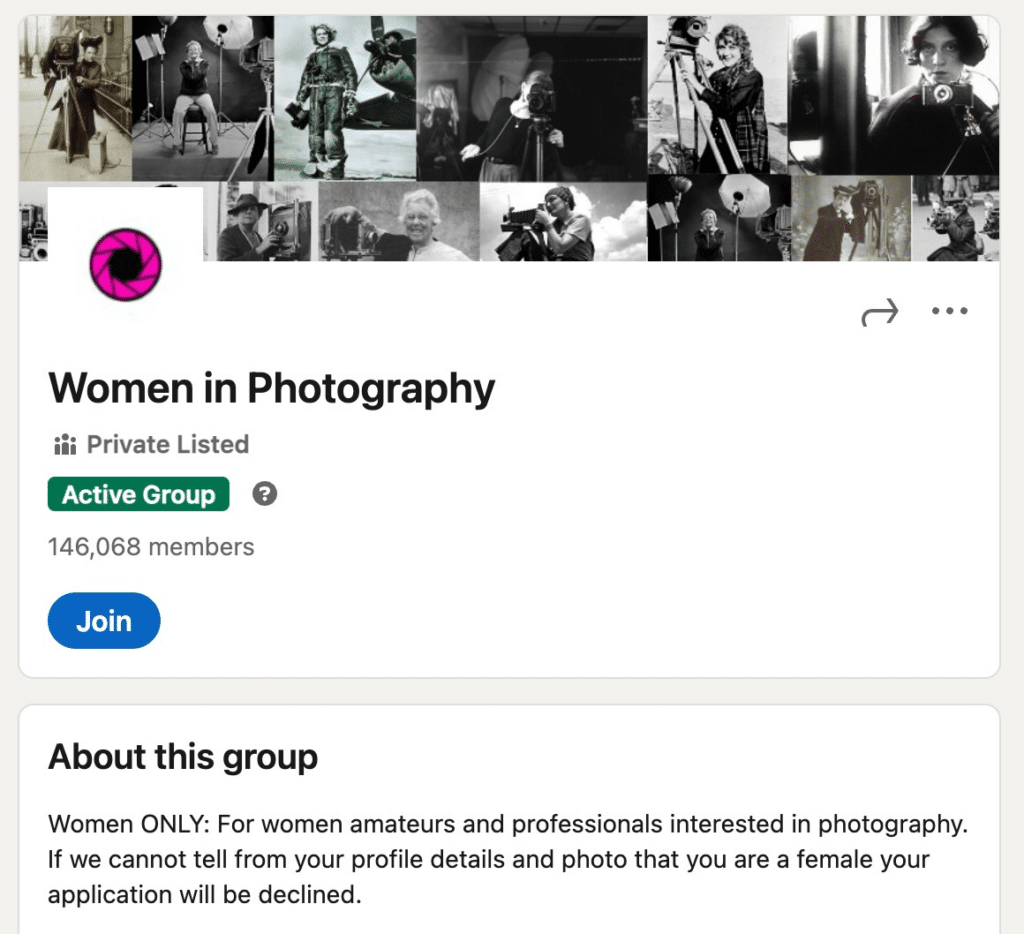 screenshot of women in photography linkedin group