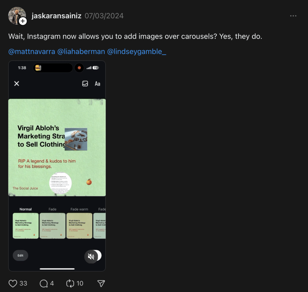 Instagram feature that allows users to add images over carousels