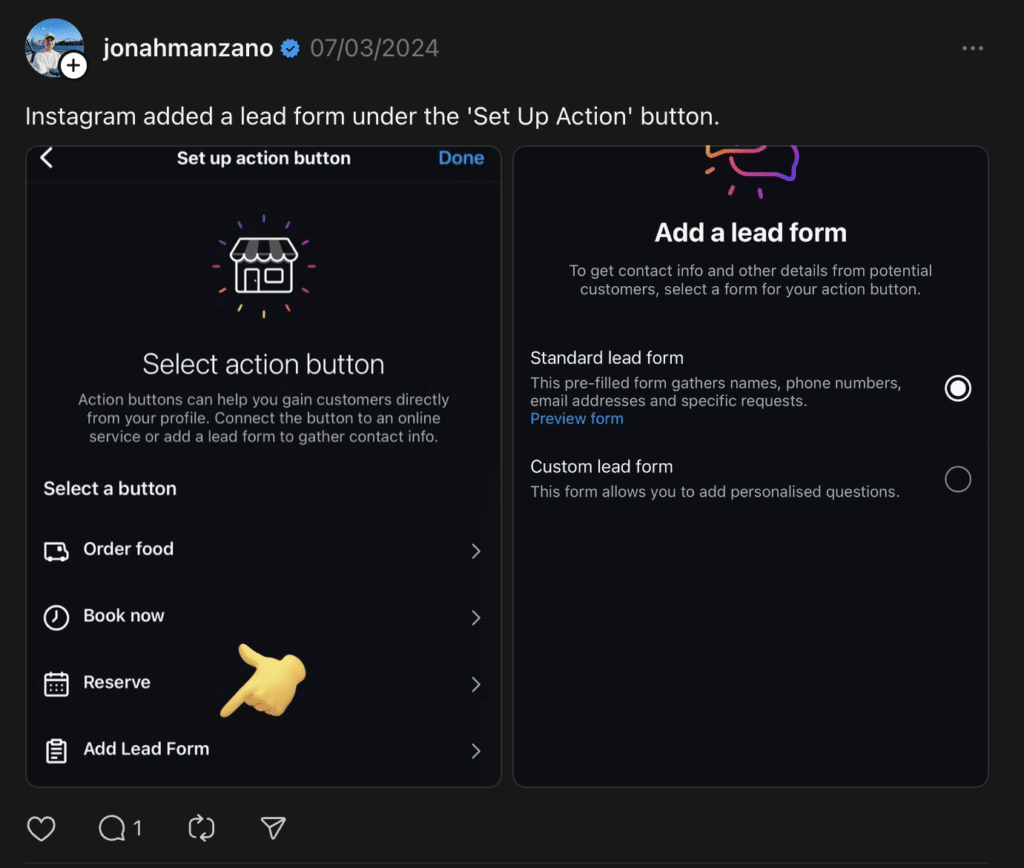 Instagram lead form button