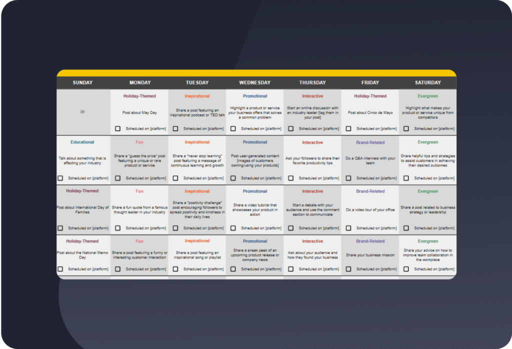 Social media content calendar