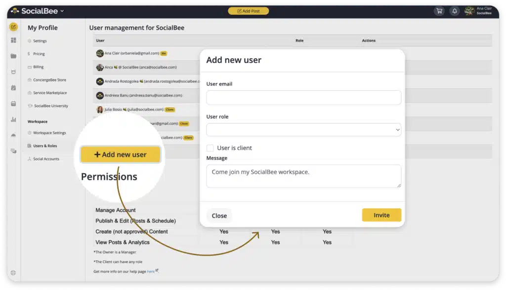 Adding a new user in SocialBee