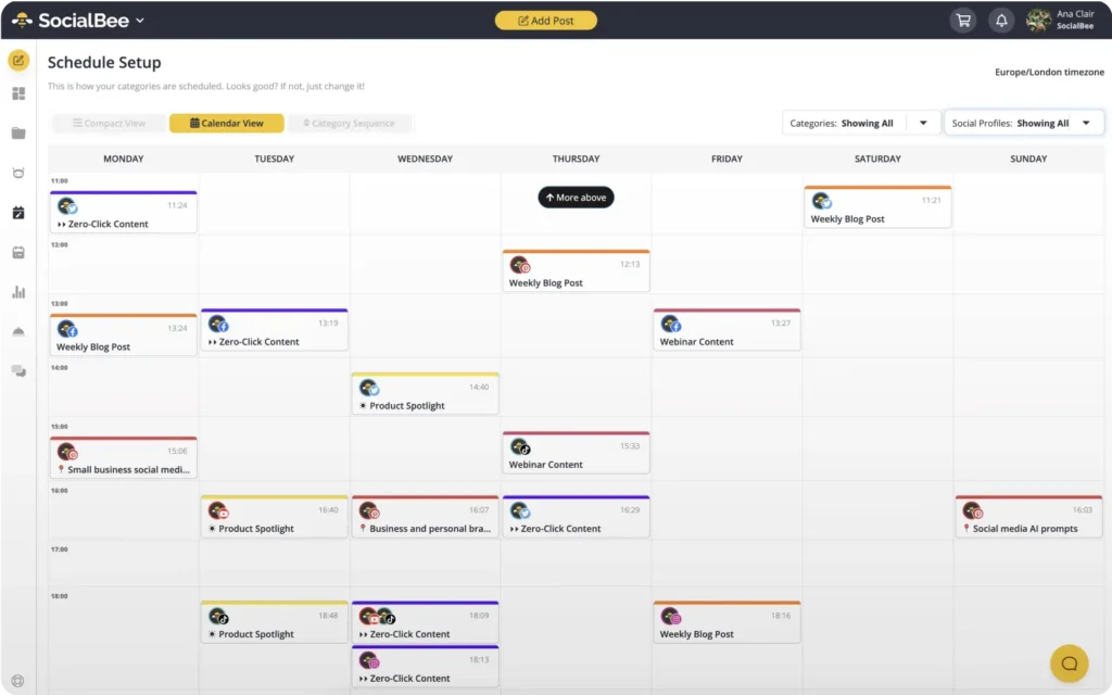 SocialBee's content calendar