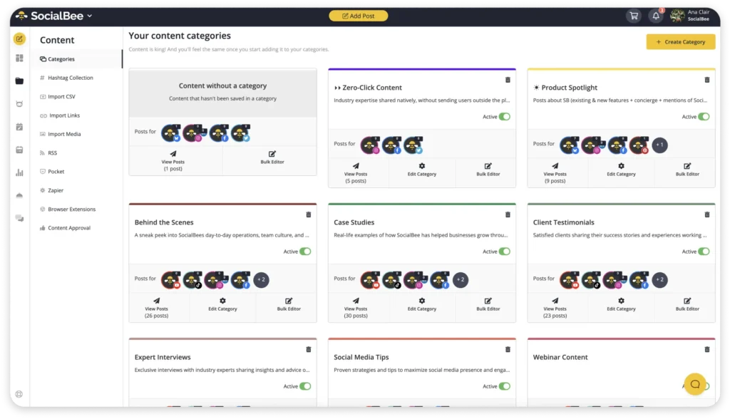 SocialBee's content categories