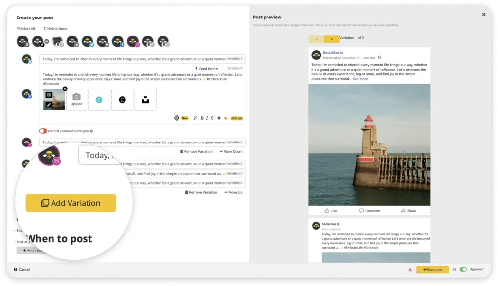 SocialBee post variations feature