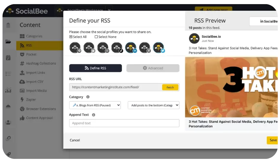 SocialBee RSS Feed functionality