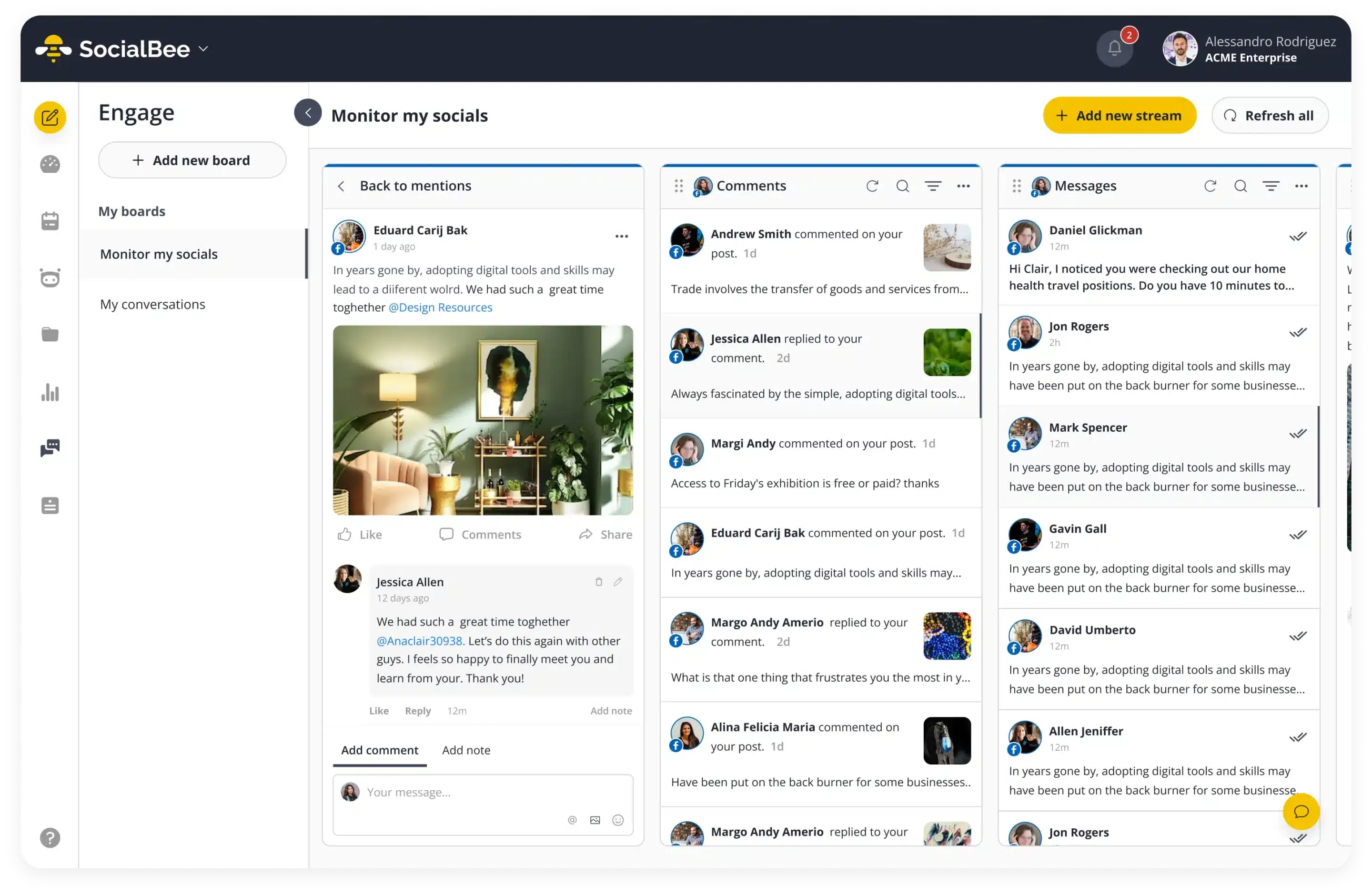 SocialBee's engage board with streams